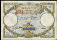 프랑스 France 1927-1930 ( 귀한년도 1929 ), 50 Francs, P77a, 보품 핀홀